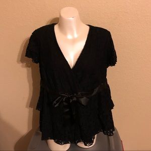 AB Studio 1X Tiered Lace Blouse with ribbon belt